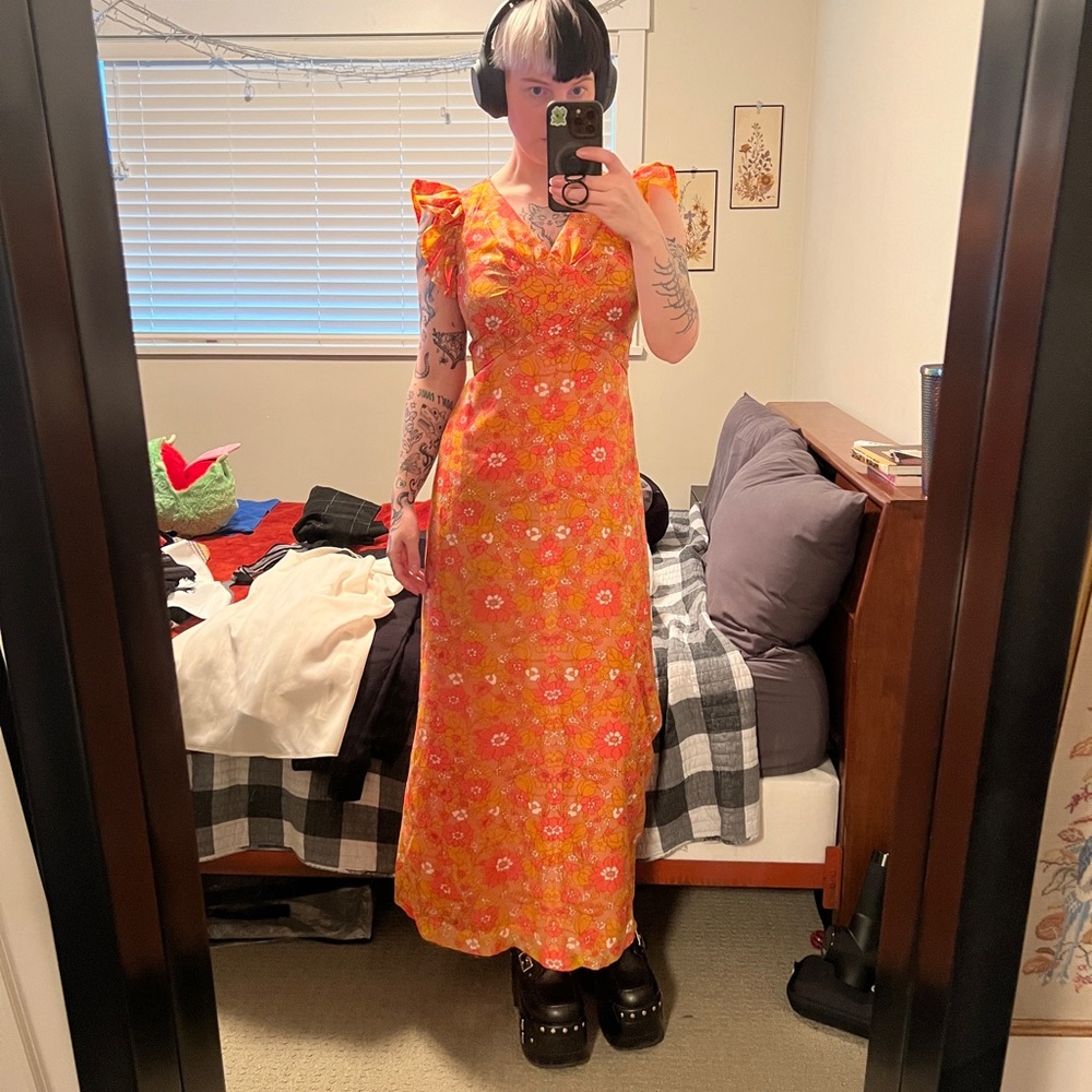 60s orange floral maxi dress